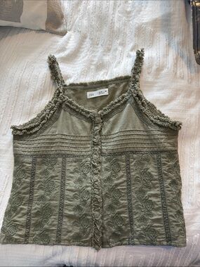ZARA Kids Olive Green Embroidered Cotton Camisole Top